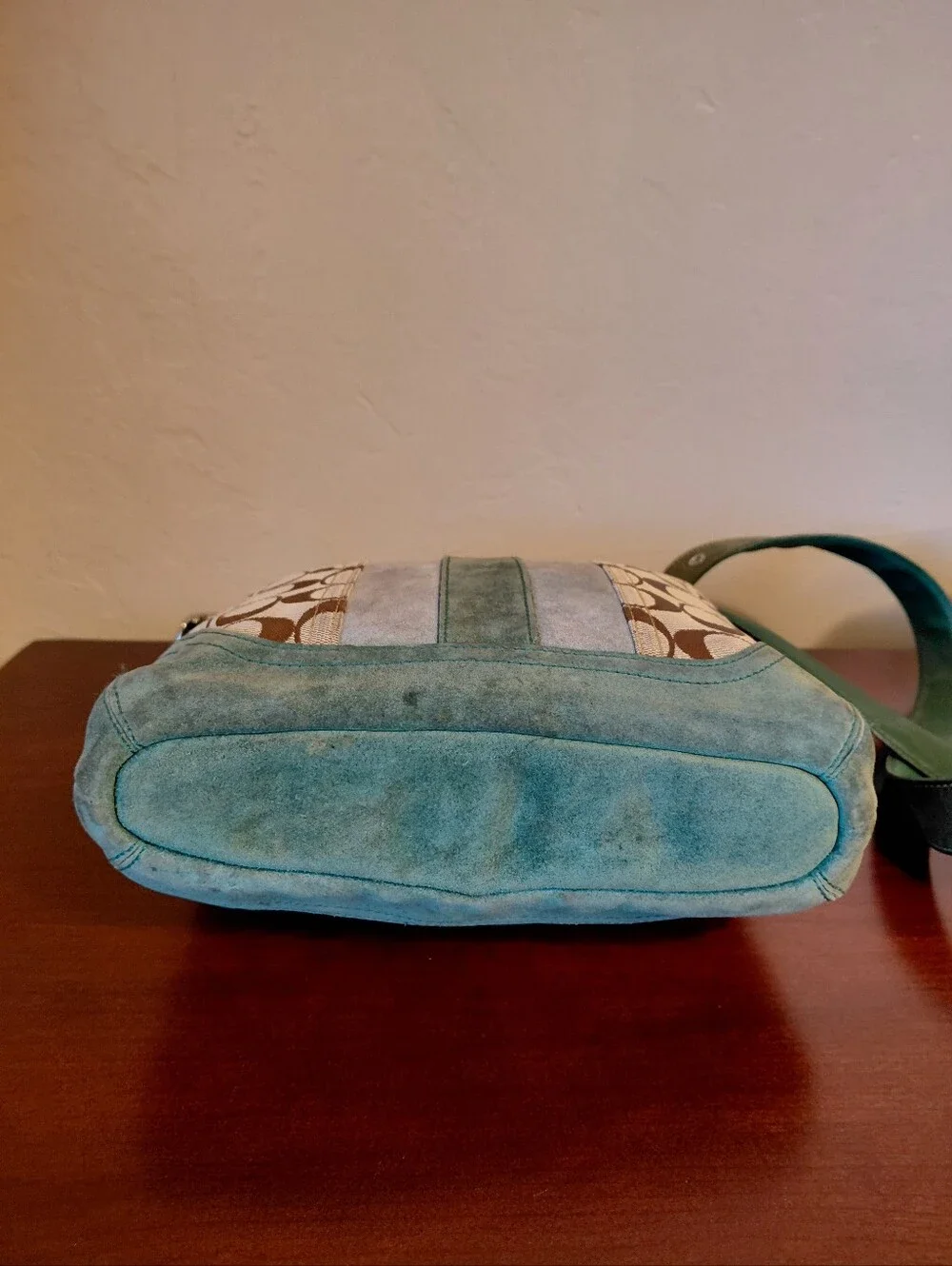 Coach Vintage Signature Stripe Hobo Bag Green Suede Style Number 6877